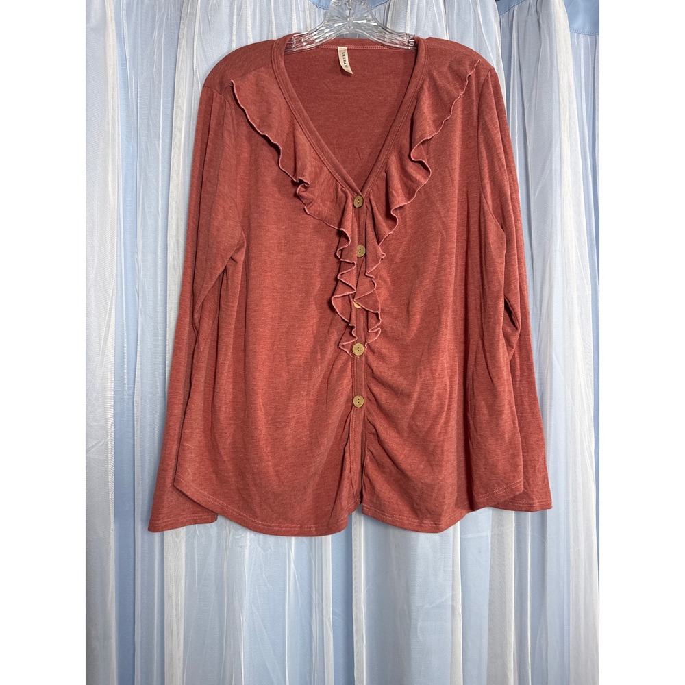 Emerald Cardigan Womens 2X ETK-8994 Rust Ruffle Button-Down EUC